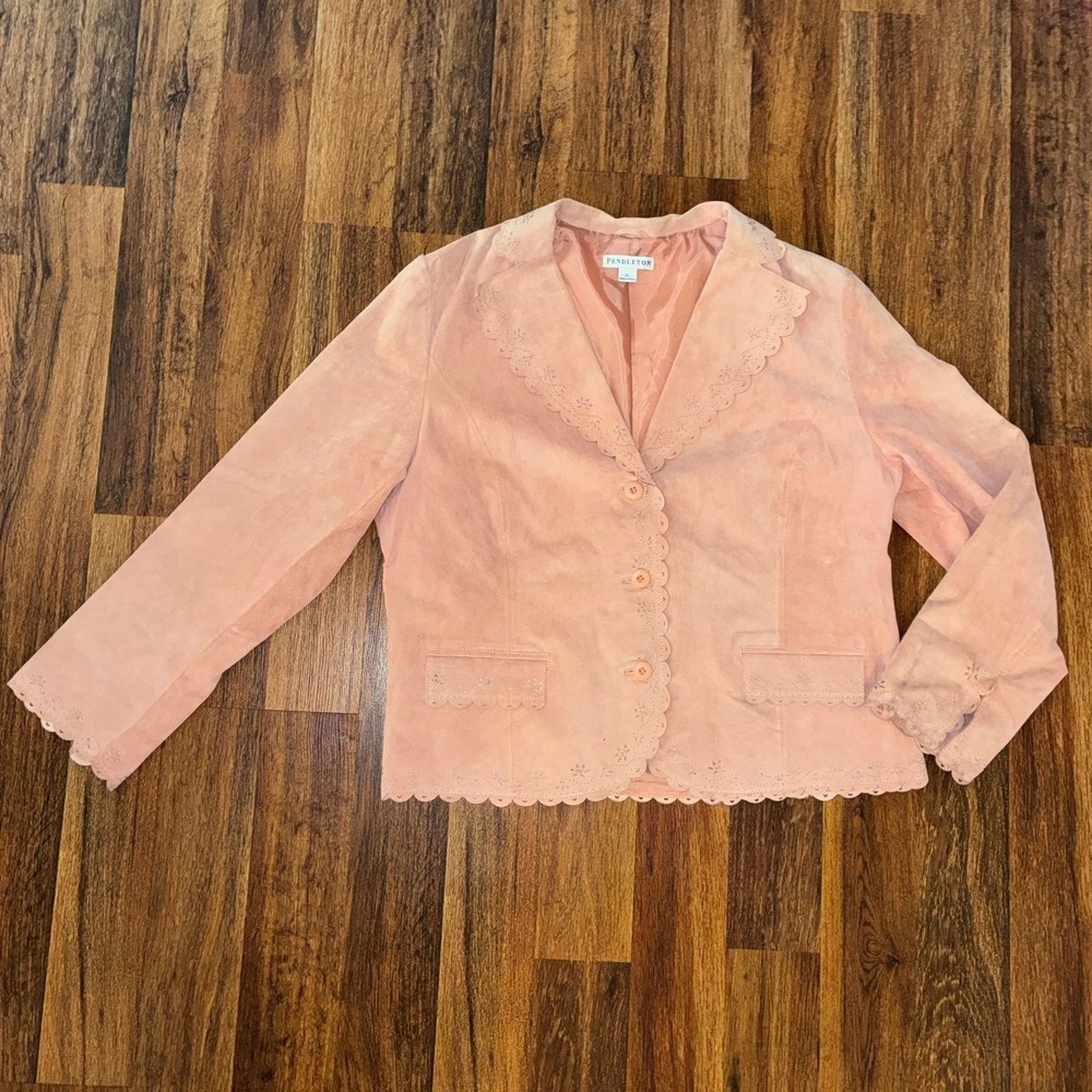 Pendleton Pink Leather Blazer Jacket XL Scalloped Eyelet Floral Suede Finish